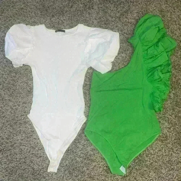 2 Zara bodysuits size small-Downtime puff sleeve bodysuit-One shoulder ruffled - Picture 2 of 10